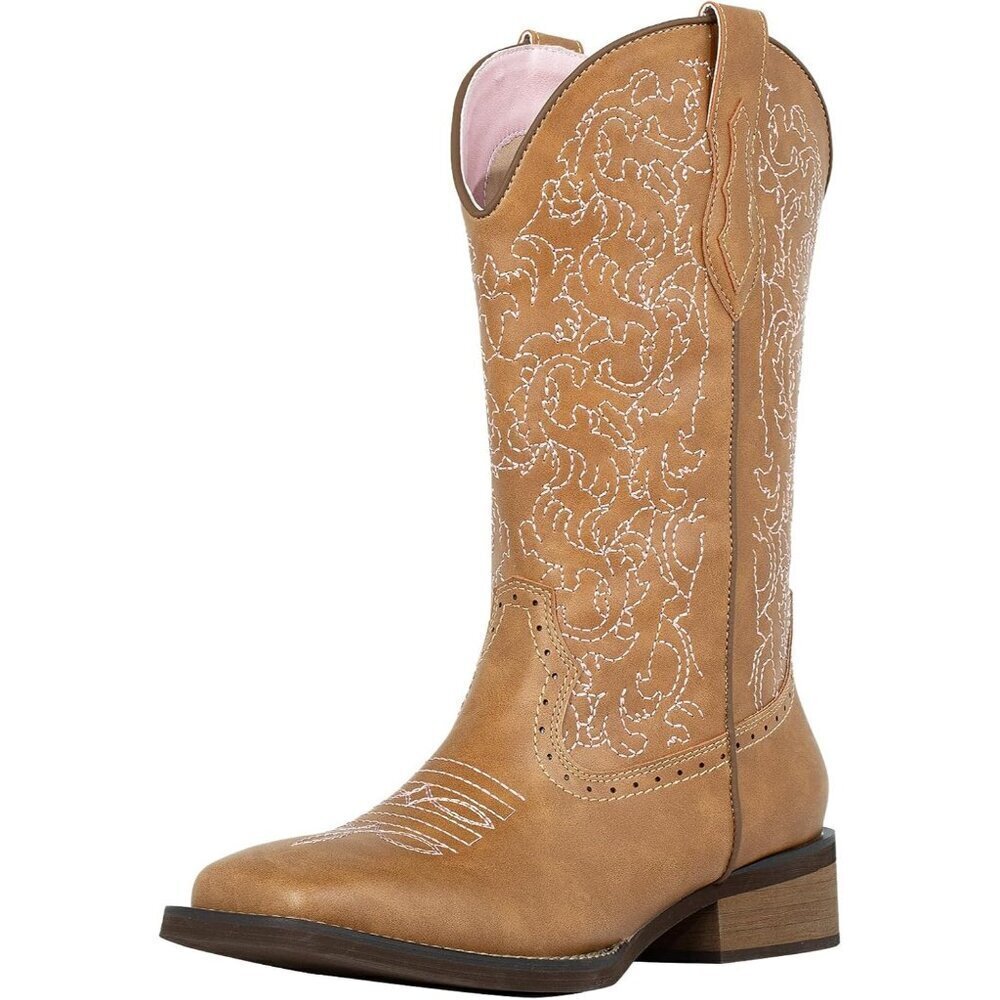 SheSole Western Boots Women Brown Tan Faux Leather Square Toe Wide Mid Calf